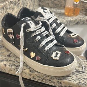 Karl Lagerfeld Black and White Sneakers with Heart and Character Accents Size 7